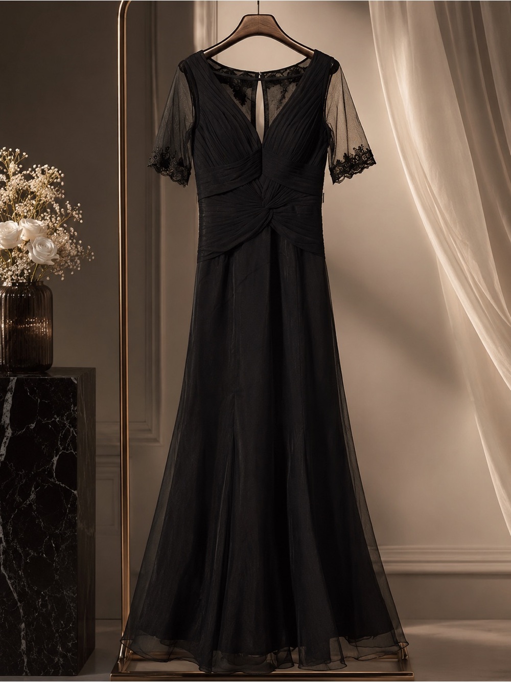Midnight Black Lace-Accent Evening Gown